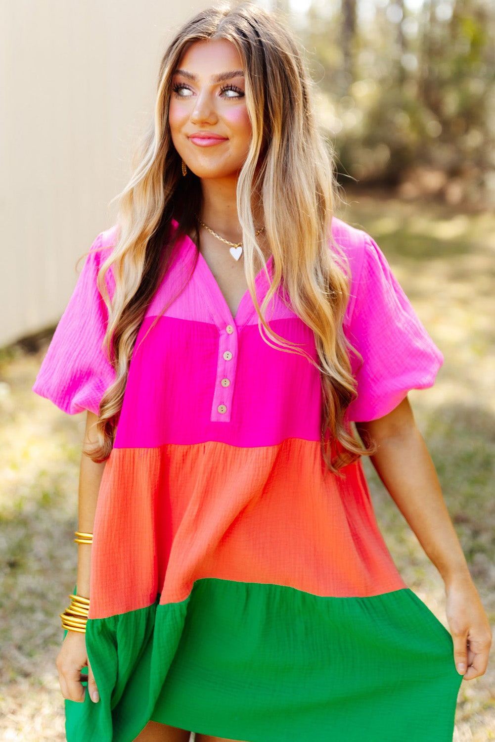 Multicolor Color Block Tiered Puff Sleeve Dress Mini Dresses JT's Designer Fashion