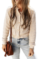 Oatmeal Pearl Buttons Textured Sweater Cardigan Sweaters & Cardigans JT's Designer Fashion