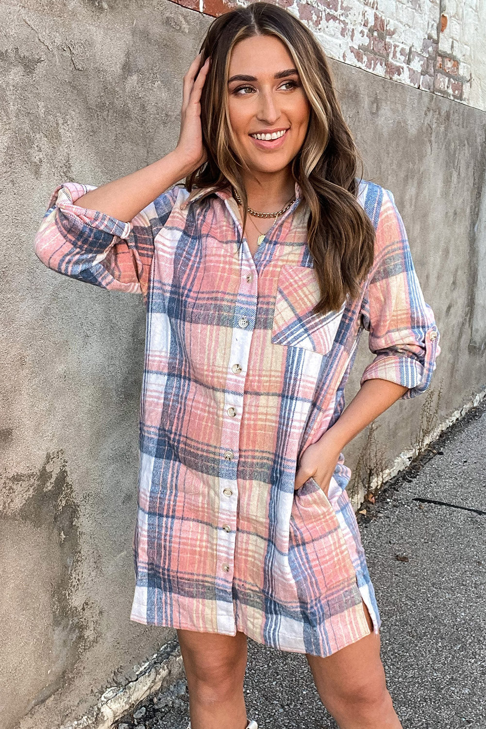Pink Plaid Roll-tab Sleeve Side Slit Shirt Dress Dresses JT's Designer Fashion
