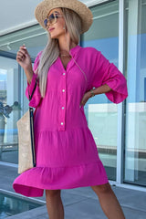 Barbie Style Rose Crinkled Tiered Split Neck Shirt Dress Dresses JT's Designer Fashion