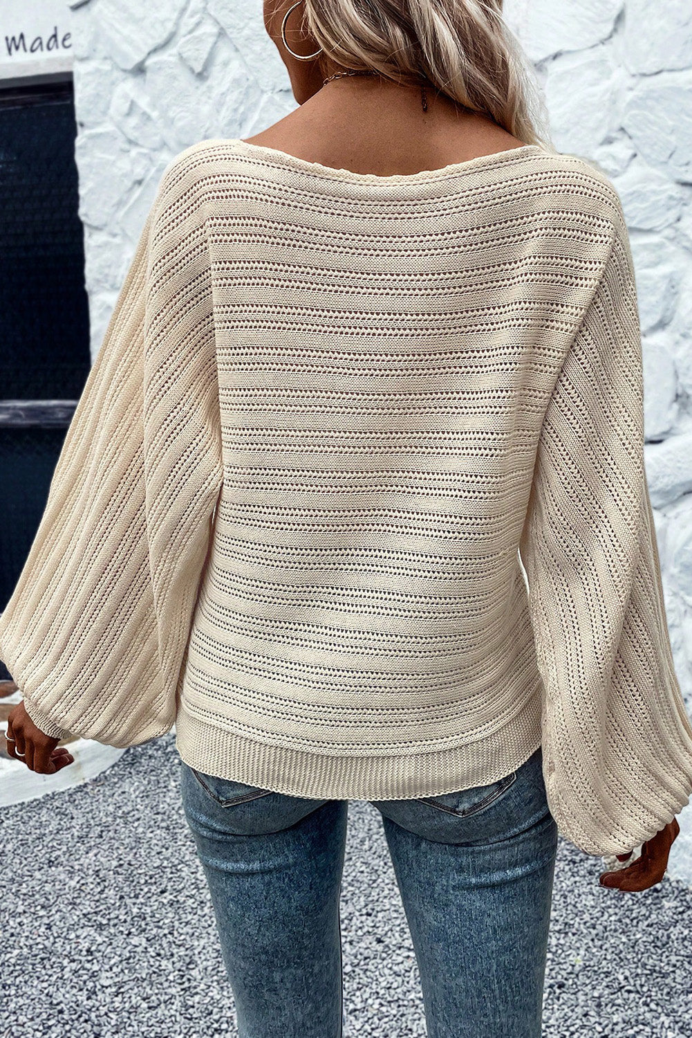 Apricot Lantern Sleeve Boat Neck Textured Knit Sweater Sweaters & Cardigans JT's Designer Fashion