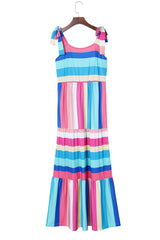 Multicolor Color Block Striped Bow Knot Straps Long Dress Maxi Dresses JT's Designer Fashion