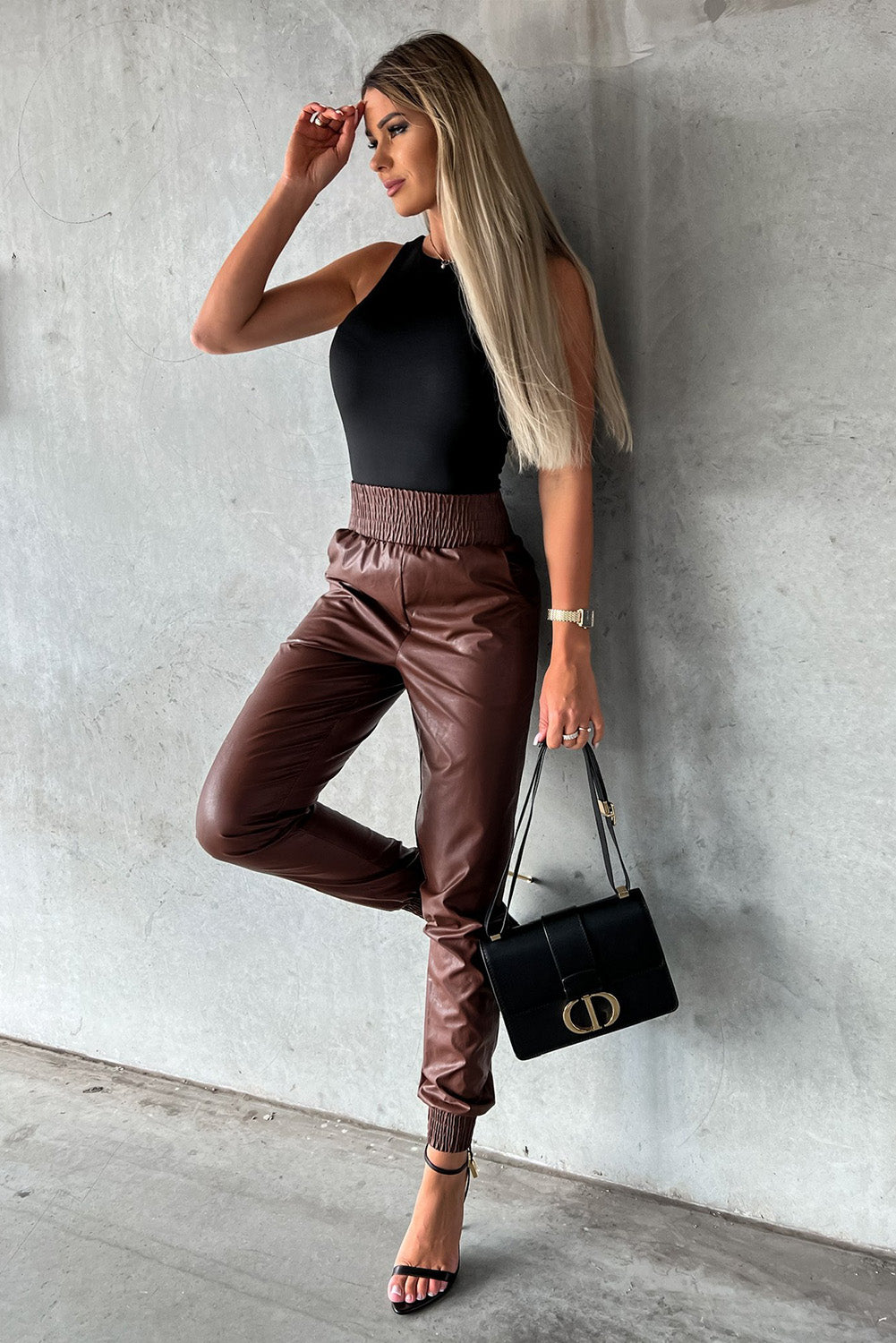 Brown Smocked High-Waist Leather Skinny Pants Bottoms JT's Designer Fashion