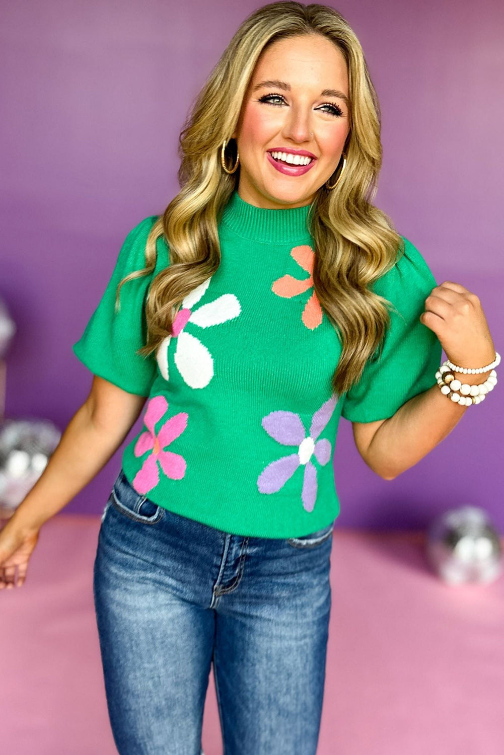 Bright Green Floral Bubble Sleeve Knitted Top Sweaters & Cardigans JT's Designer Fashion