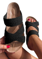 Black Linen Woven Cross Criss Hollowed Slip-On Slippers Slippers JT's Designer Fashion