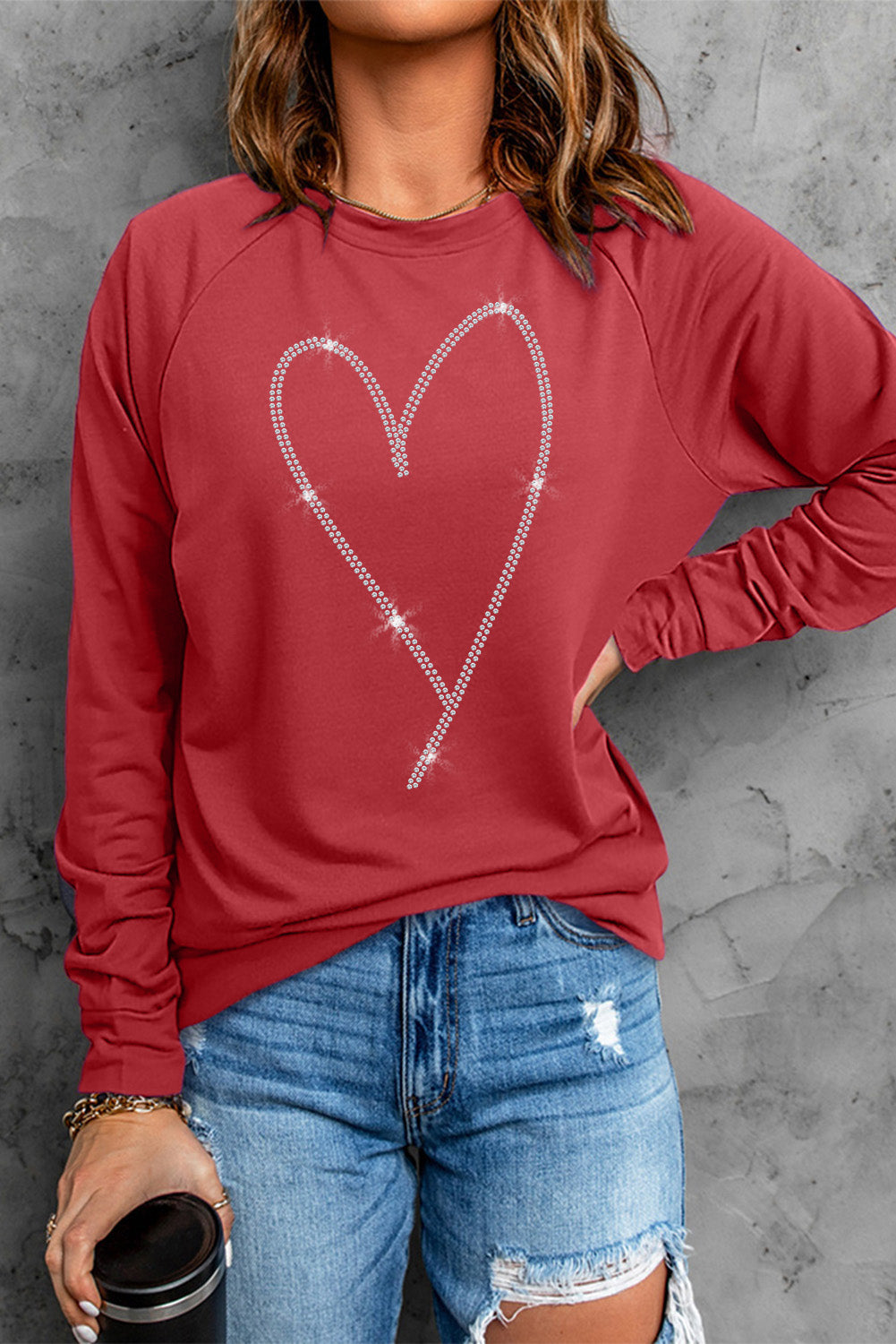 Fiery Red Rhinestone Heart Shaped Long Sleeve Sweatshirt Graphic Sweatshirts JT's Designer Fashion