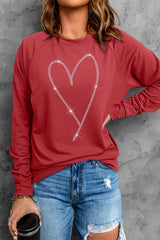 Fiery Red Rhinestone Heart Shaped Long Sleeve Sweatshirt Graphic Sweatshirts JT's Designer Fashion