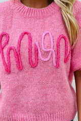 Bonbon Mom Corded Graphic Short Sleeve Sweater Sweaters & Cardigans JT's Designer Fashion