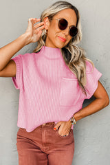 Pink Patch Pocket Ribbed Knit Short Sleeve Sweater Sweaters & Cardigans JT's Designer Fashion
