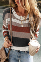 Simply Taupe Ribbed Round Neck Color Block Knitted Sweater Sweaters & Cardigans JT's Designer Fashion