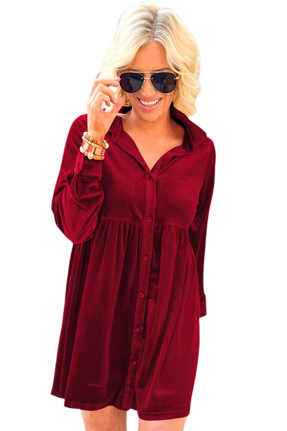 Red Long Sleeve Ruffle Velvet Button Up Dress Dresses JT's Designer Fashion