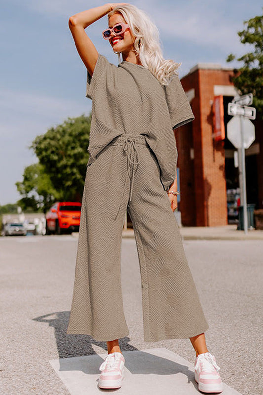 Brown Gray Textured Loose Fit T Shirt and Drawstring Pants Set Bottoms JT's Designer Fashion