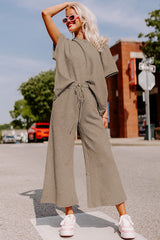 Brown Gray Textured Loose Fit T Shirt and Drawstring Pants Set Bottoms JT's Designer Fashion