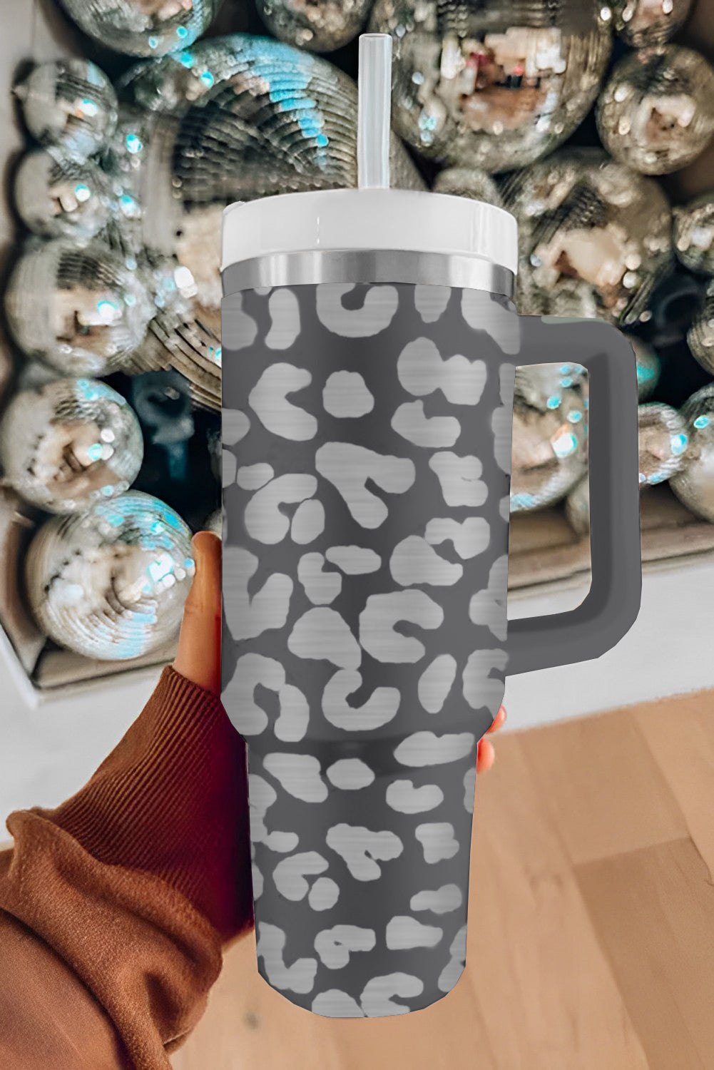 Gray Leopard Print 40OZ Stainless Steel Portable Cup with Handle Tumblers JT's Designer Fashion