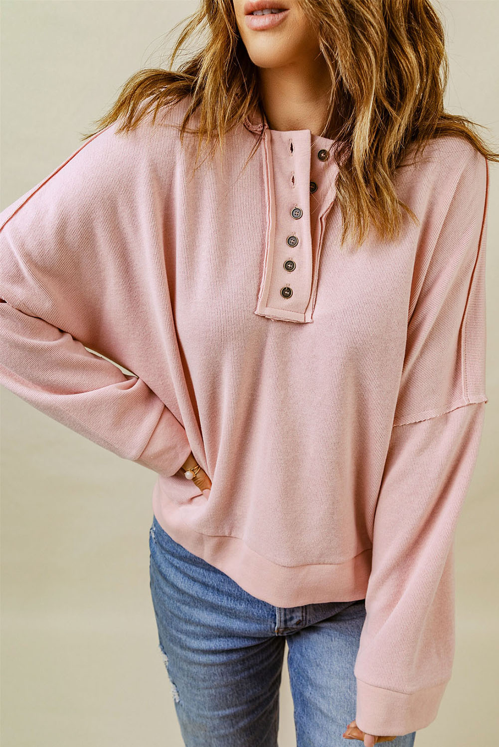 Pink Casual Button Solid Patchwork Trim Hoodie Sweatshirts & Hoodies JT's Designer Fashion