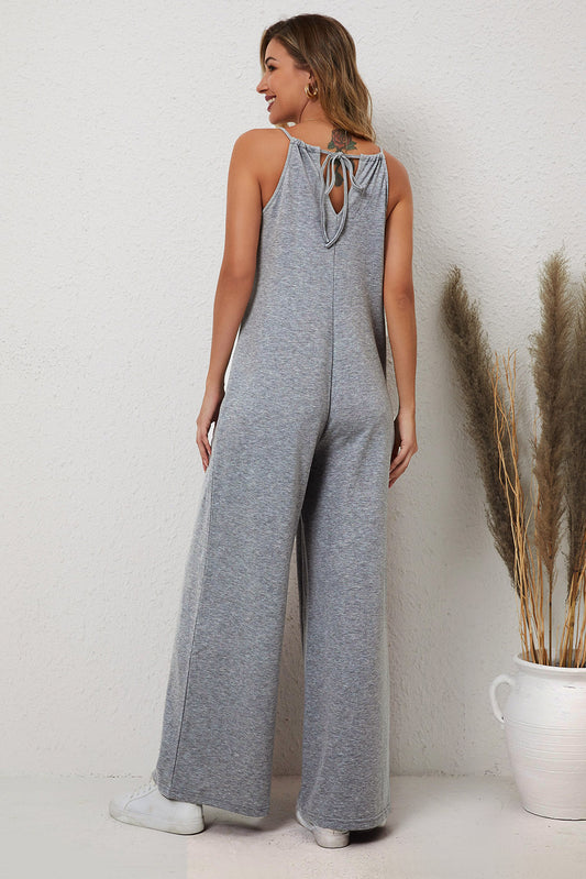 Gray Loose Fit Side Pockets Spaghetti Strap Wide Leg Jumpsuit Jumpsuits & Rompers JT's Designer Fashion