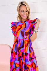 Orange Abstract Printed High Waist Ruffle Tiered Long Dress Maxi Dresses JT's Designer Fashion