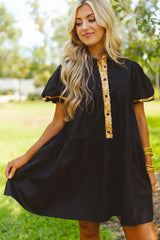 Black Sequin Trim Bubble Sleeve Game Day Shirt Dress Dresses JT's Designer Fashion