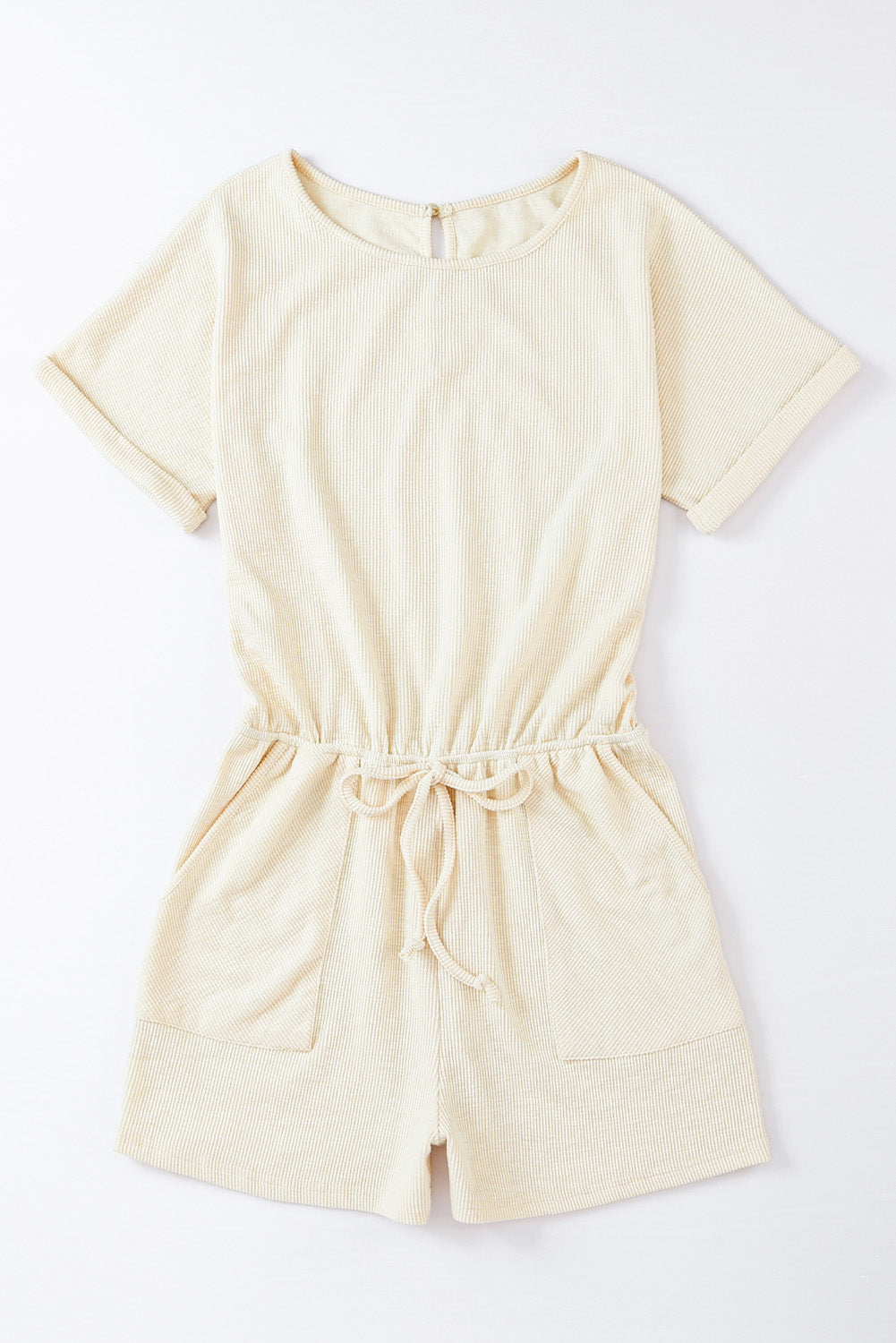 Beige Ribbed Elastic Waist Romper Jumpsuits & Rompers JT's Designer Fashion