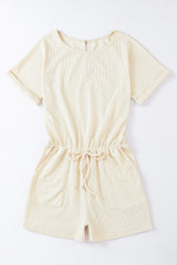 Beige Ribbed Elastic Waist Romper Jumpsuits & Rompers JT's Designer Fashion