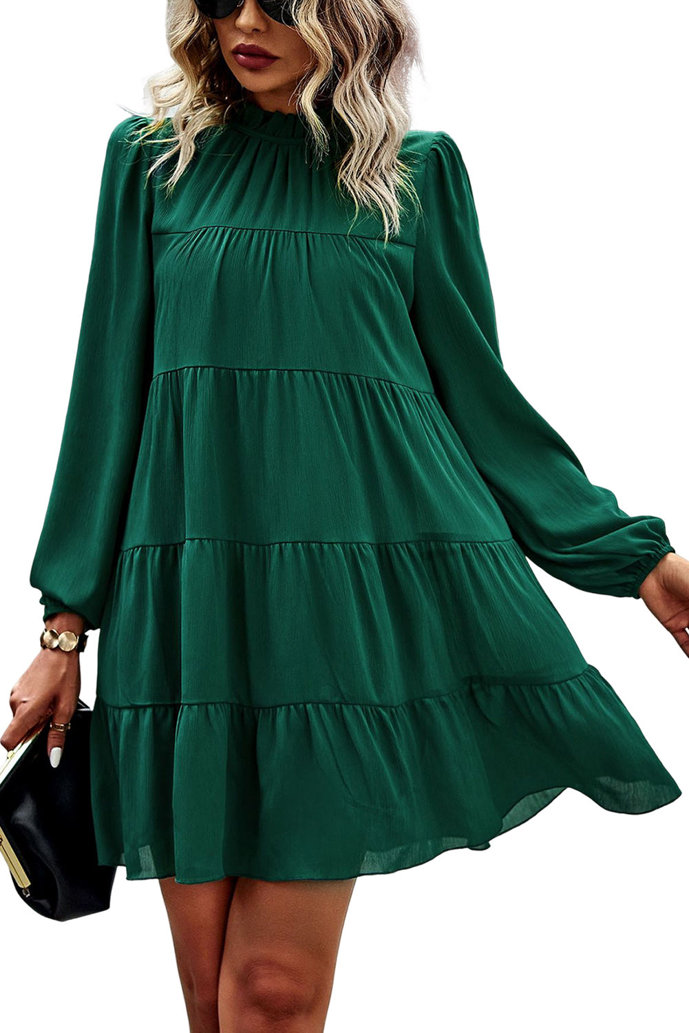 Green Puff Sleeve Mock Neck Back Knot Tiered Dress Mini Dresses JT's Designer Fashion