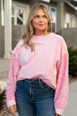 Pink Plus Size Sequin Sleeve Drop Shoulder Sweatshirt Plus Size JT's Designer Fashion