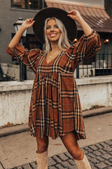 Brown Plaid Pattern Frilled Shoulder Empire Waist Babydoll Dress Dresses JT's Designer Fashion