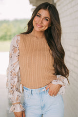 Sheepskin Floral Patchwork Ruffled Cuff Cable Knit Sweater Sweaters & Cardigans JT's Designer Fashion