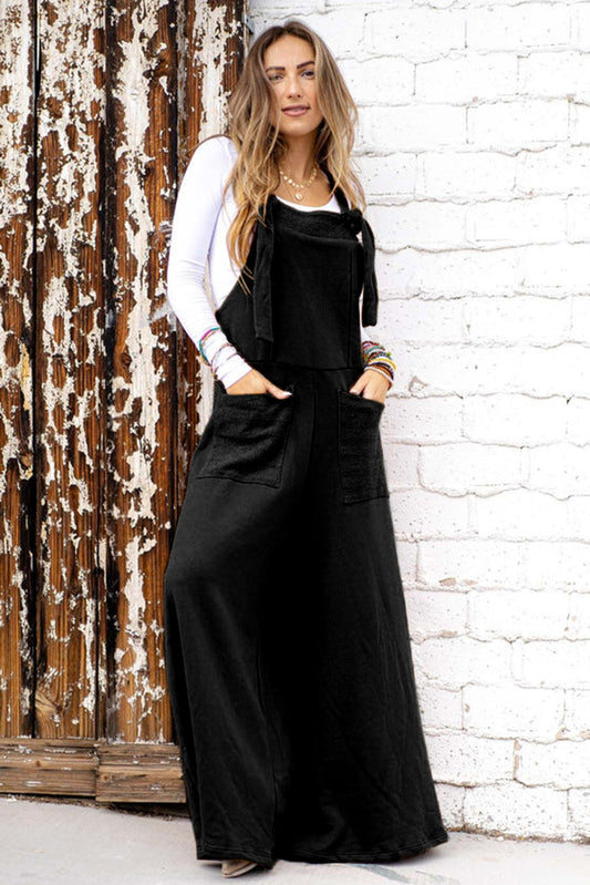Black Knotted Straps Patch Pocket Wide Leg Jumpsuit Bottoms JT's Designer Fashion