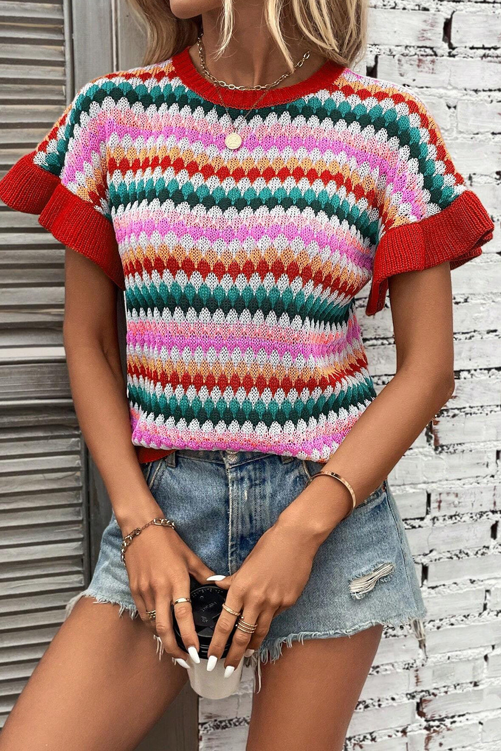 Fiery Red Trimmed Ruffle Sleeve Colorful Textured Sweater Sweaters & Cardigans JT's Designer Fashion