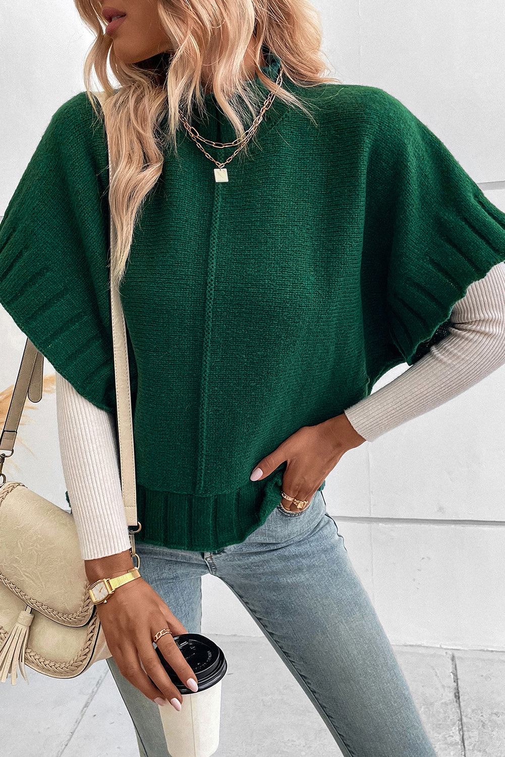 Blackish Green Mock Neck Batwing Sleeve Knit Sweater Sweaters & Cardigans JT's Designer Fashion
