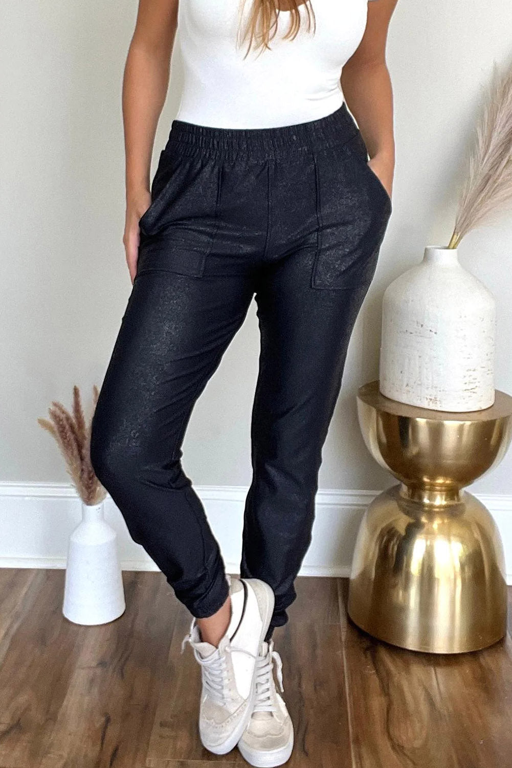 Black Elastic Waist Pocketed Pebble Jogger Pants Bottoms JT's Designer Fashion