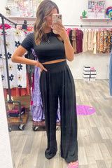 Black Solid Color Slim Fit Crop Top and Wide Leg Pants Set Bottoms JT's Designer Fashion