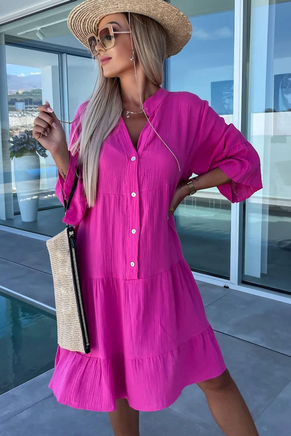 Barbie Style Rose Crinkled Tiered Split Neck Shirt Dress Dresses JT's Designer Fashion