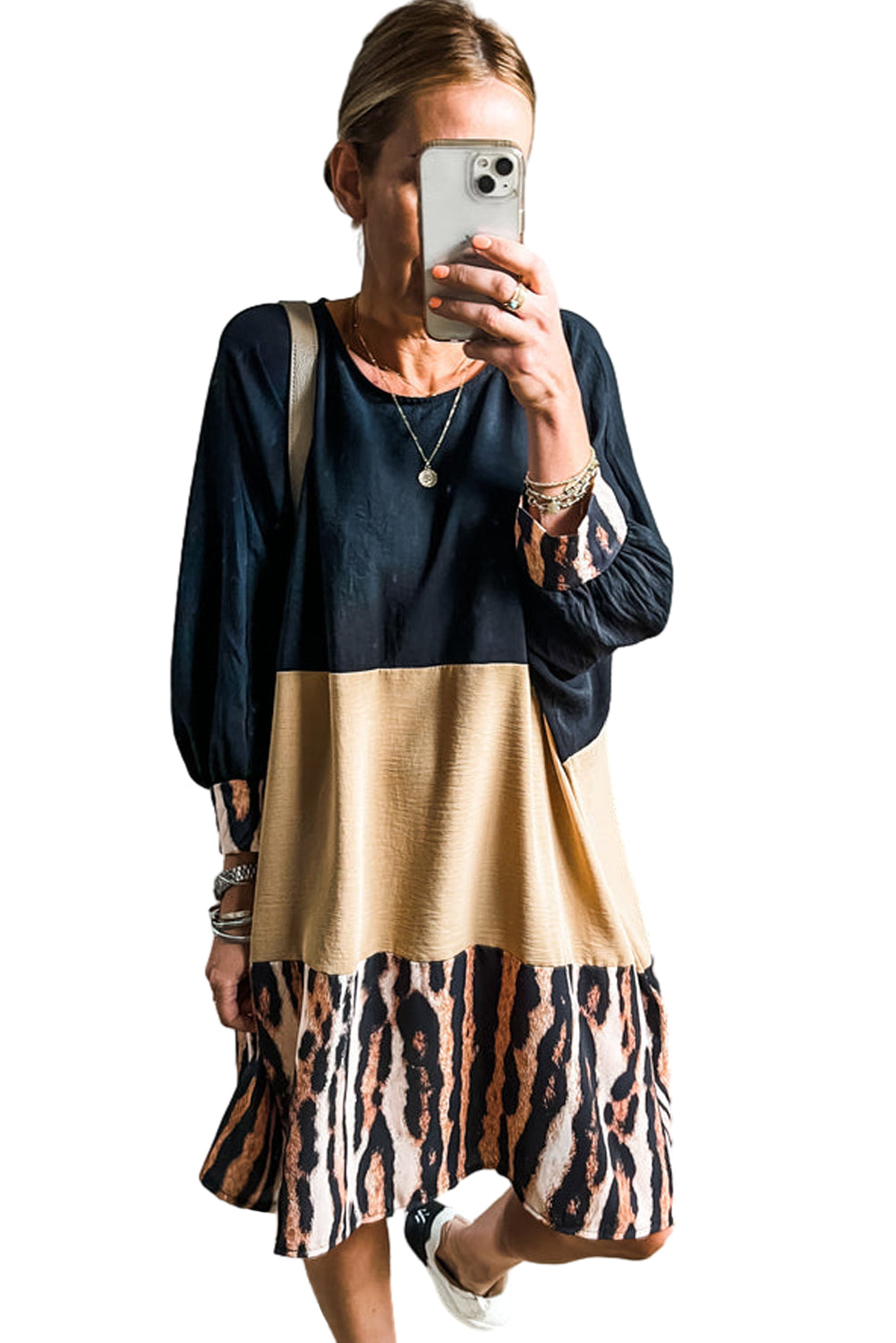 Khaki Printed Tiger Stripe Colorblock Bishop Sleeve Mini Dress Mini Dresses JT's Designer Fashion