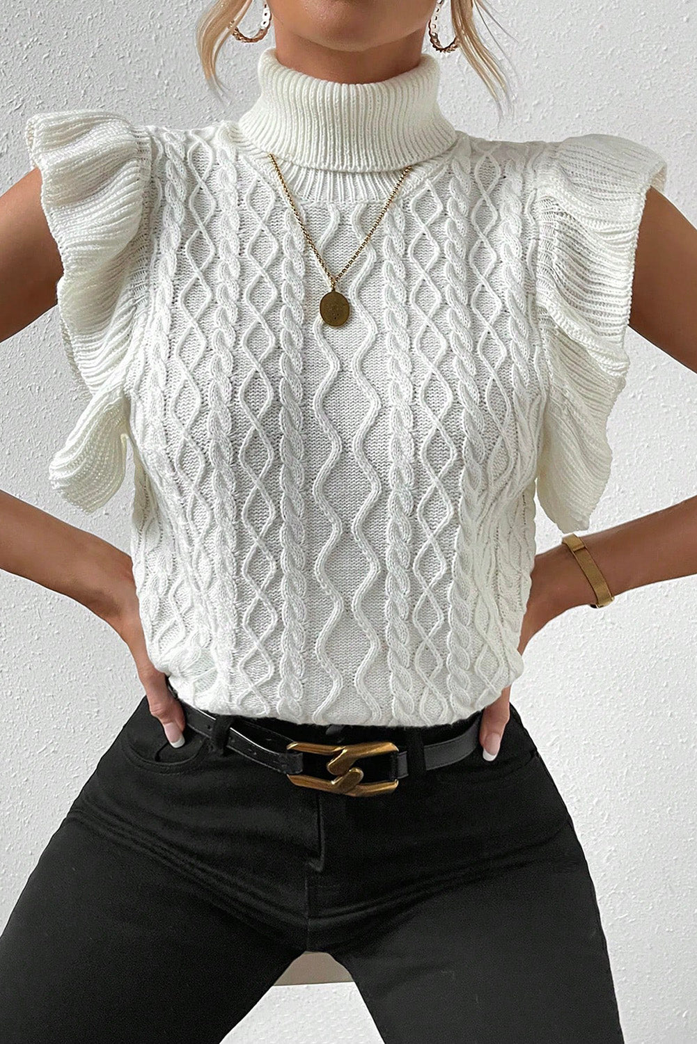 Bright White Cable Knit Ruffled Short Sleeve Turtle Neck Sweater Sweaters & Cardigans JT's Designer Fashion