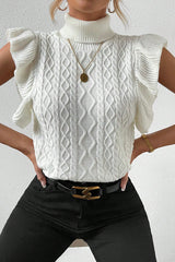 Bright White Cable Knit Ruffled Short Sleeve Turtle Neck Sweater Sweaters & Cardigans JT's Designer Fashion