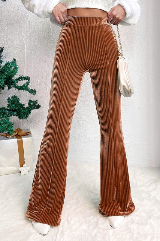 Chestnut Solid Color High Waist Corduroy Flare Pants Bottoms JT's Designer Fashion