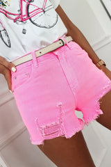 Rose Solid Color Distressed Denim Shorts Denim Shorts JT's Designer Fashion