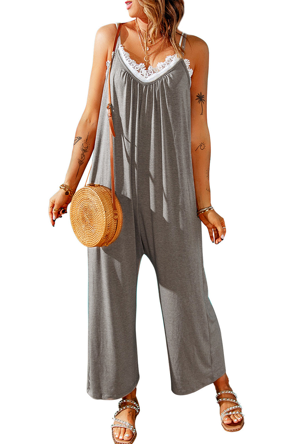 Gray Spaghetti Straps Wide Leg Pocketed Jumpsuits Jumpsuits & Rompers JT's Designer Fashion