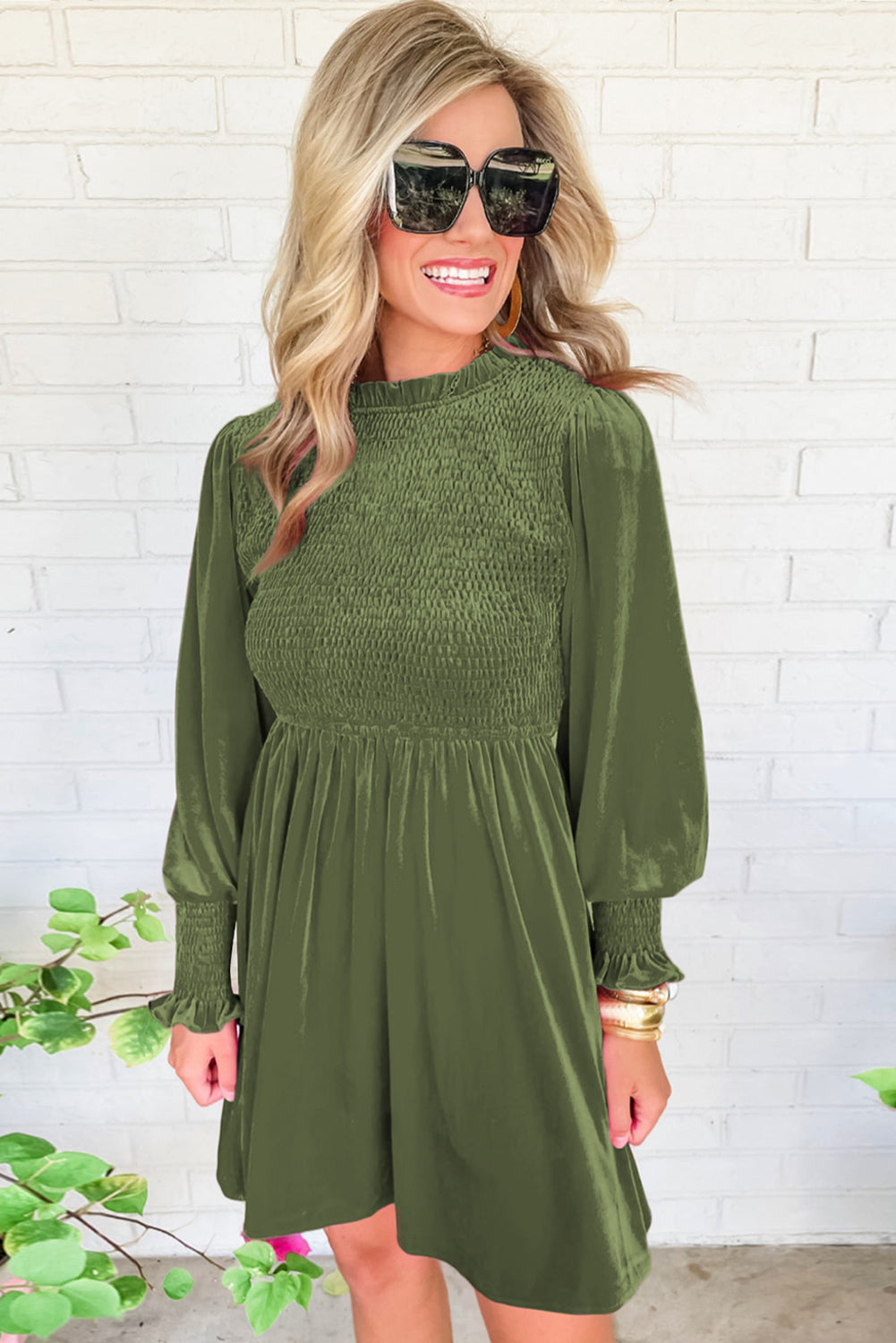 Moss Frilled Neck Smocked Bodice Velvet Dress Dresses JT's Designer Fashion