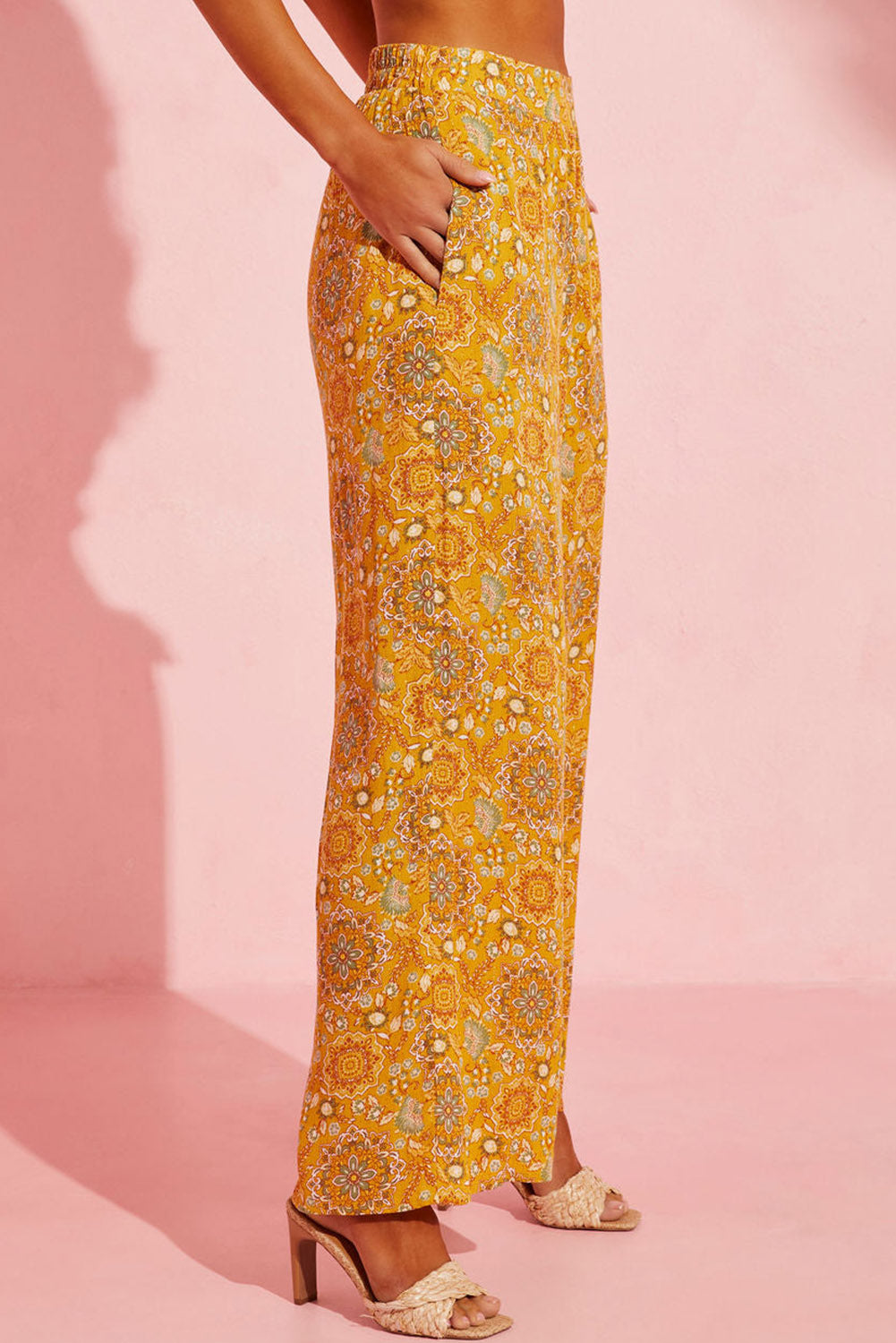 Yellow Bohemian Print Pocketed Wide Leg Pants Bottoms JT's Designer Fashion