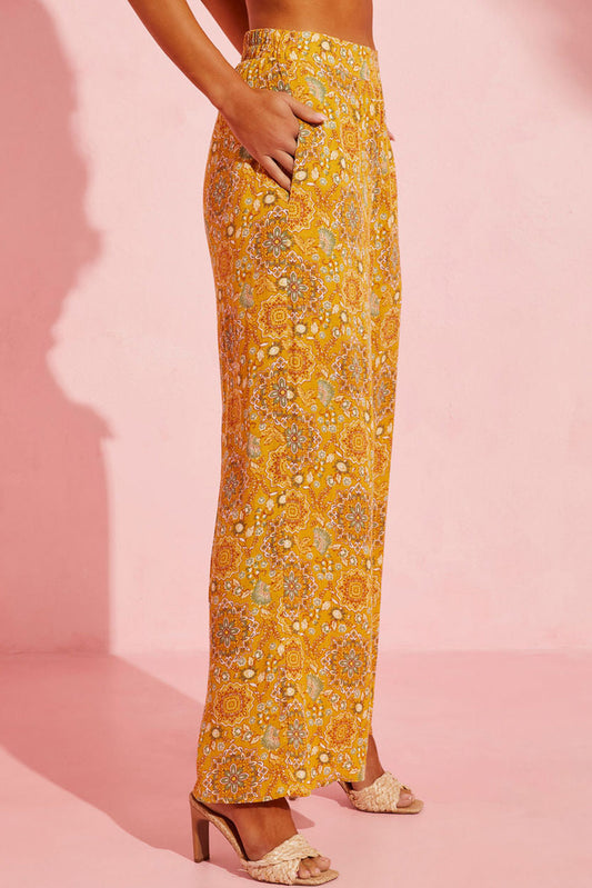 Yellow Bohemian Print Pocketed Wide Leg Pants Bottoms JT's Designer Fashion