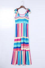 Multicolor Color Block Striped Bow Knot Straps Long Dress Maxi Dresses JT's Designer Fashion
