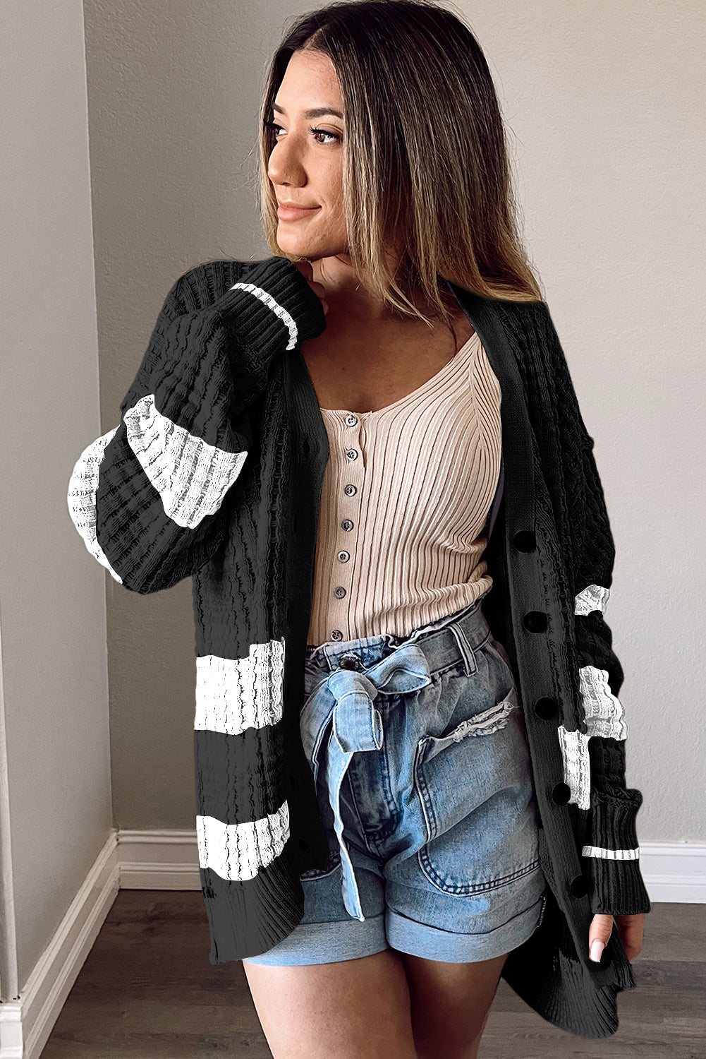Black Colorblock Textured Knit Buttoned Cardigan Sweaters & Cardigans JT's Designer Fashion