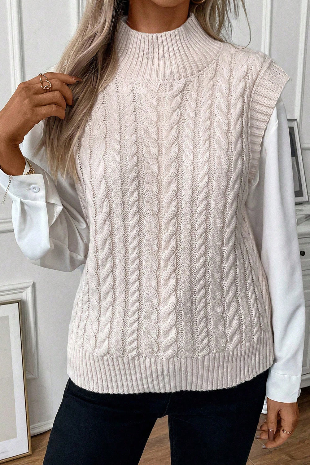 Oatmeal Ribbed Trim High Neck Cable Knit Sweater Vest Sweaters & Cardigans JT's Designer Fashion