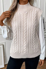 Oatmeal Ribbed Trim High Neck Cable Knit Sweater Vest Sweaters & Cardigans JT's Designer Fashion