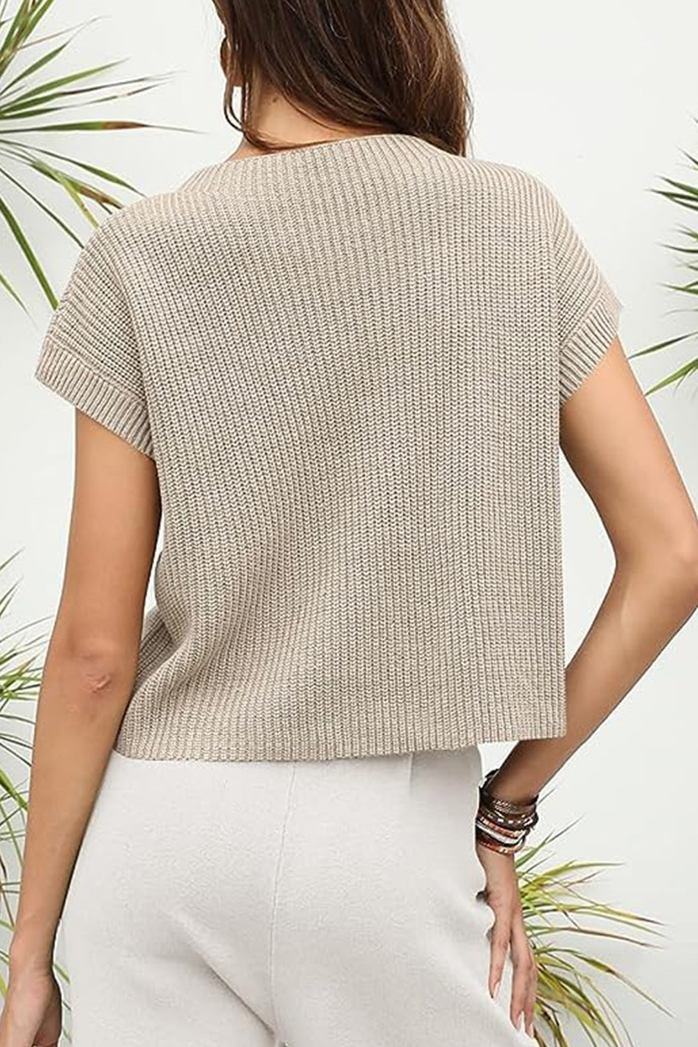 Apricot khaki Patch Pocket Loose Short Sleeve Sweater Sweaters & Cardigans JT's Designer Fashion