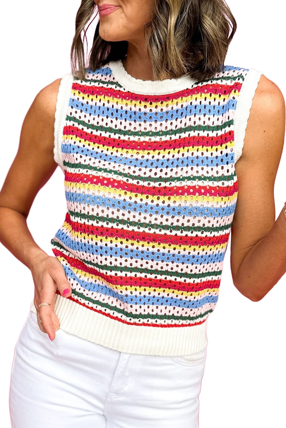 White Colorful Blanket Stripe Knit Sweater Vest Sweaters & Cardigans JT's Designer Fashion