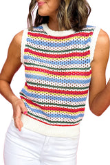 White Colorful Blanket Stripe Knit Sweater Vest Sweaters & Cardigans JT's Designer Fashion